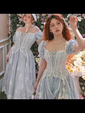 Lacemade Vintage-Inspired Lace Corset Midi Dress in Light Blue